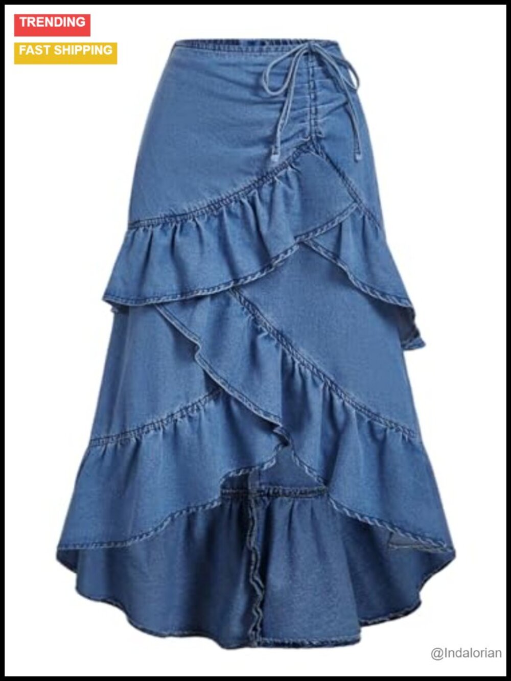 Women's Long Denim Maxi Skirt with Ruffles, High Rise, Pull On